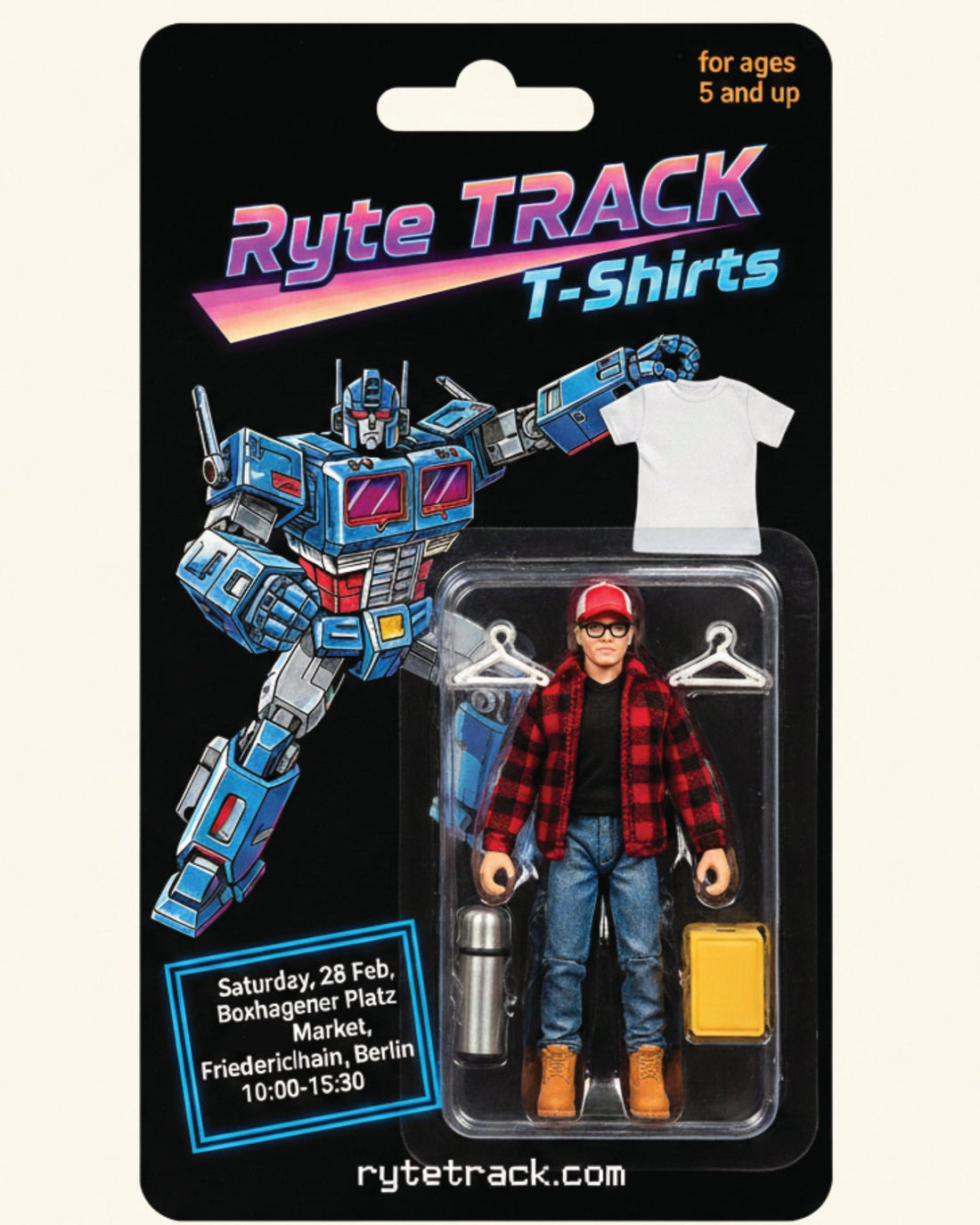 Mock up of 1990s retro robot toy packaging.