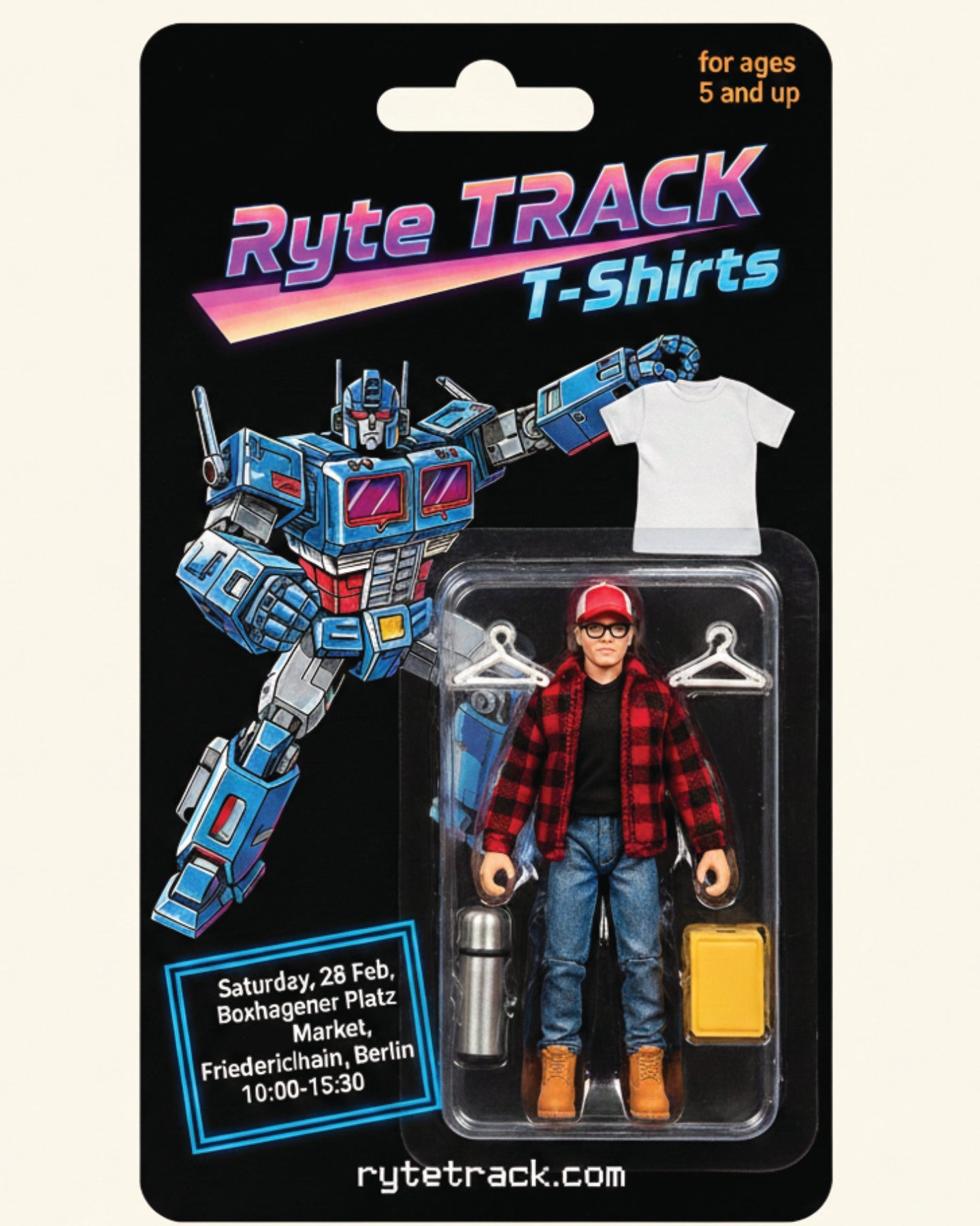 Mock up of 1990s retro robot toy packaging.