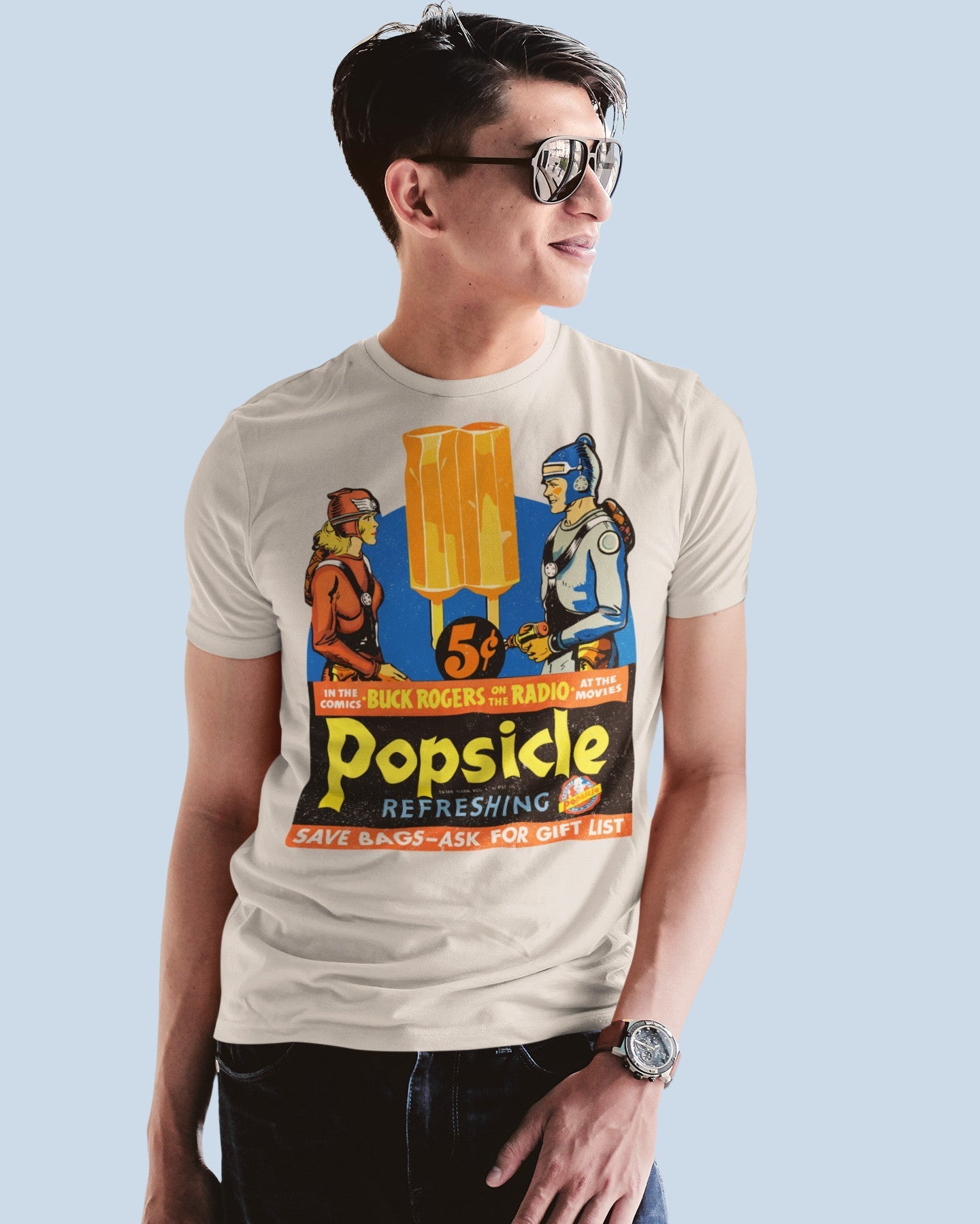 Man wearing a t-shirt featuring Buck Rogers