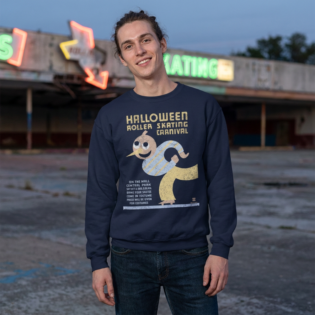 Young man in a navy sweatshirt with a Halloween Roller Skating graphic