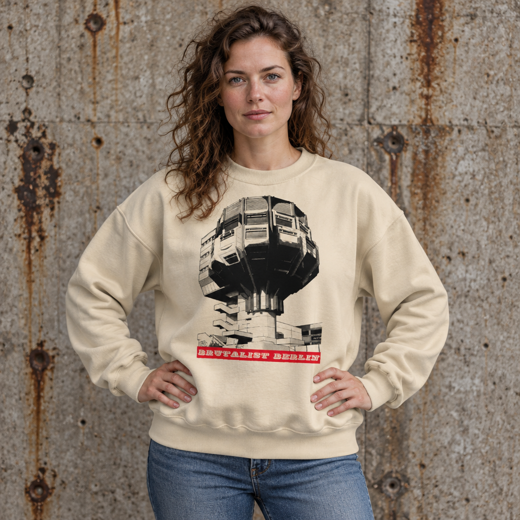Woman wearing a graphic sweatshirt with Brutalist Berlin image