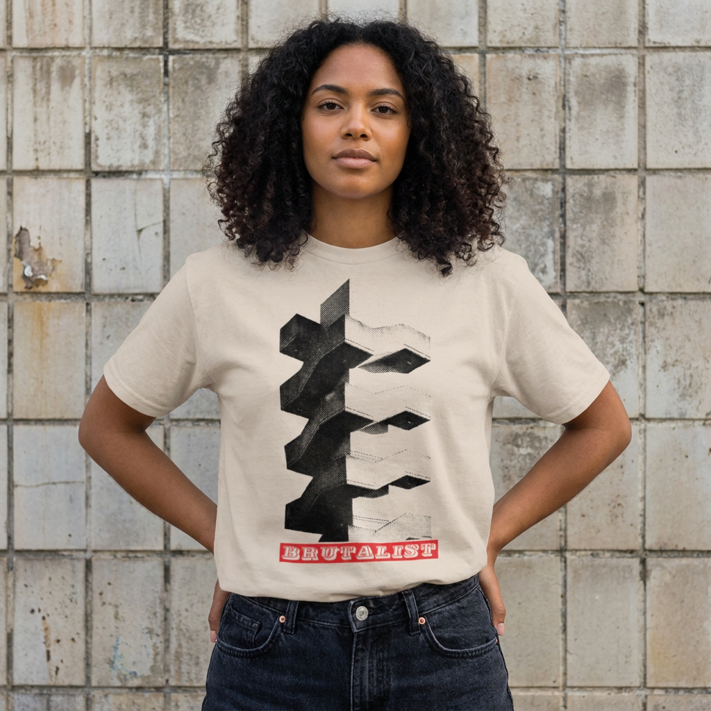 A woman with curly dark hair stands against a weathered light gray tiled wall, wearing a cream-colored graphic t-shirt with a black geometric design and a red banner that reads 'Brutalist'.