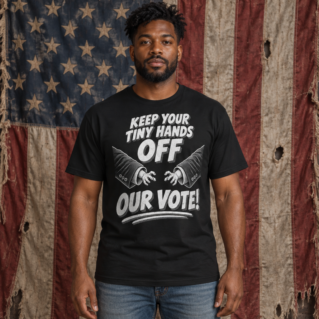 Man wearing an anti-Trump Voting Rights Protest T-Shirt before an American flag
