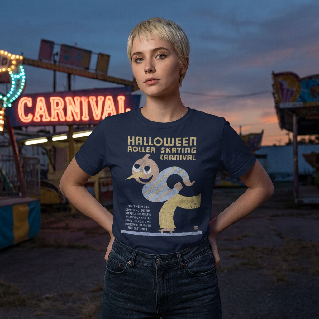 Woman wearing a navy color Halloween T-Shirt in a deserted fairground