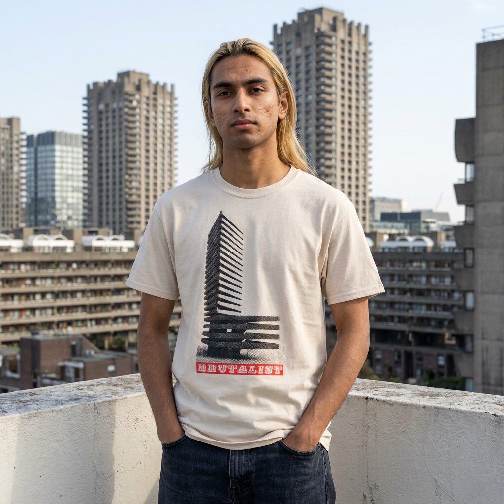 A man with long blonde hair stands on a rooftop wearing a cream-colored t-shirt with a black graphic of a building and red text, with a city skyline in the background.