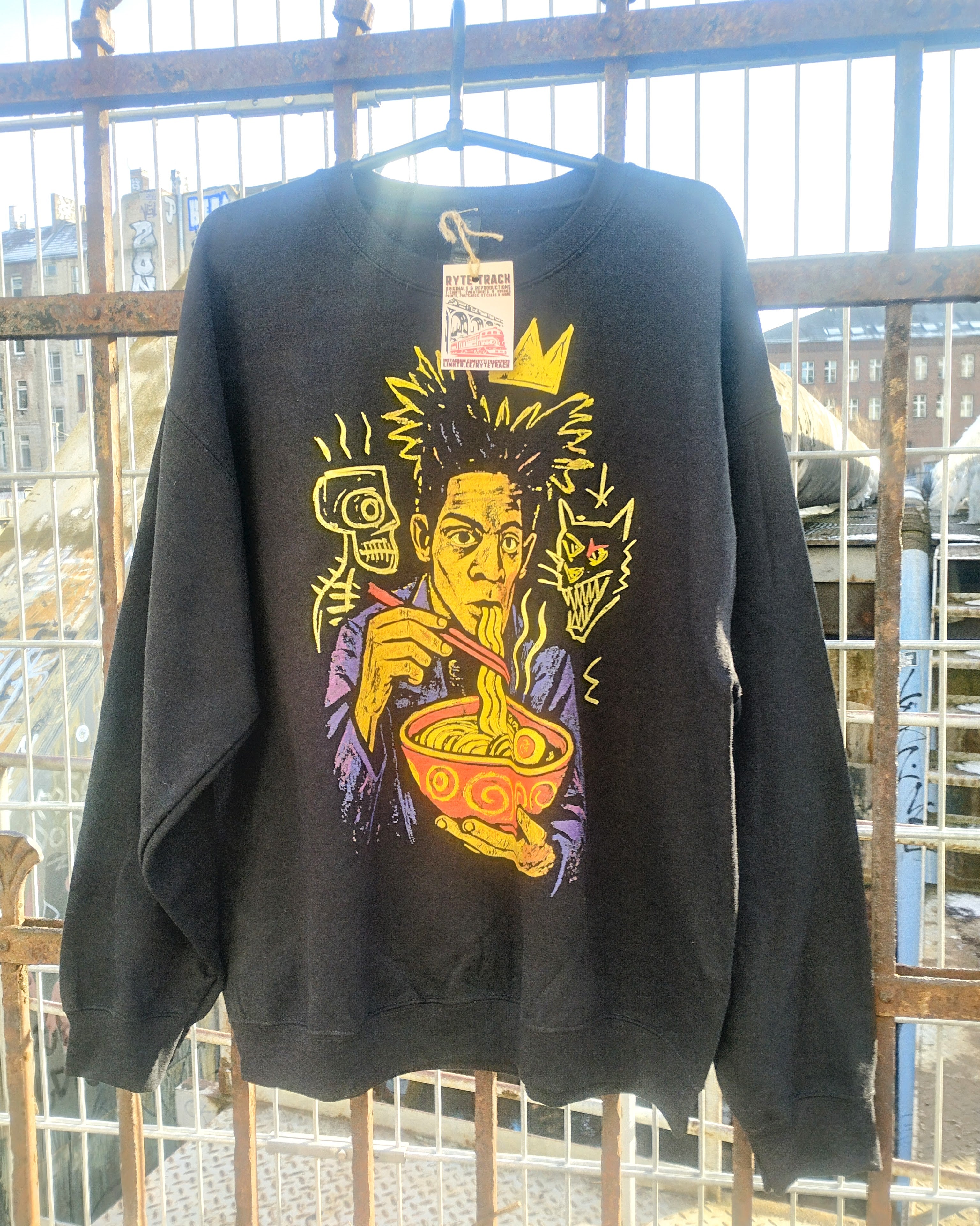 Basquiat inspired sweatshirt design with noodles