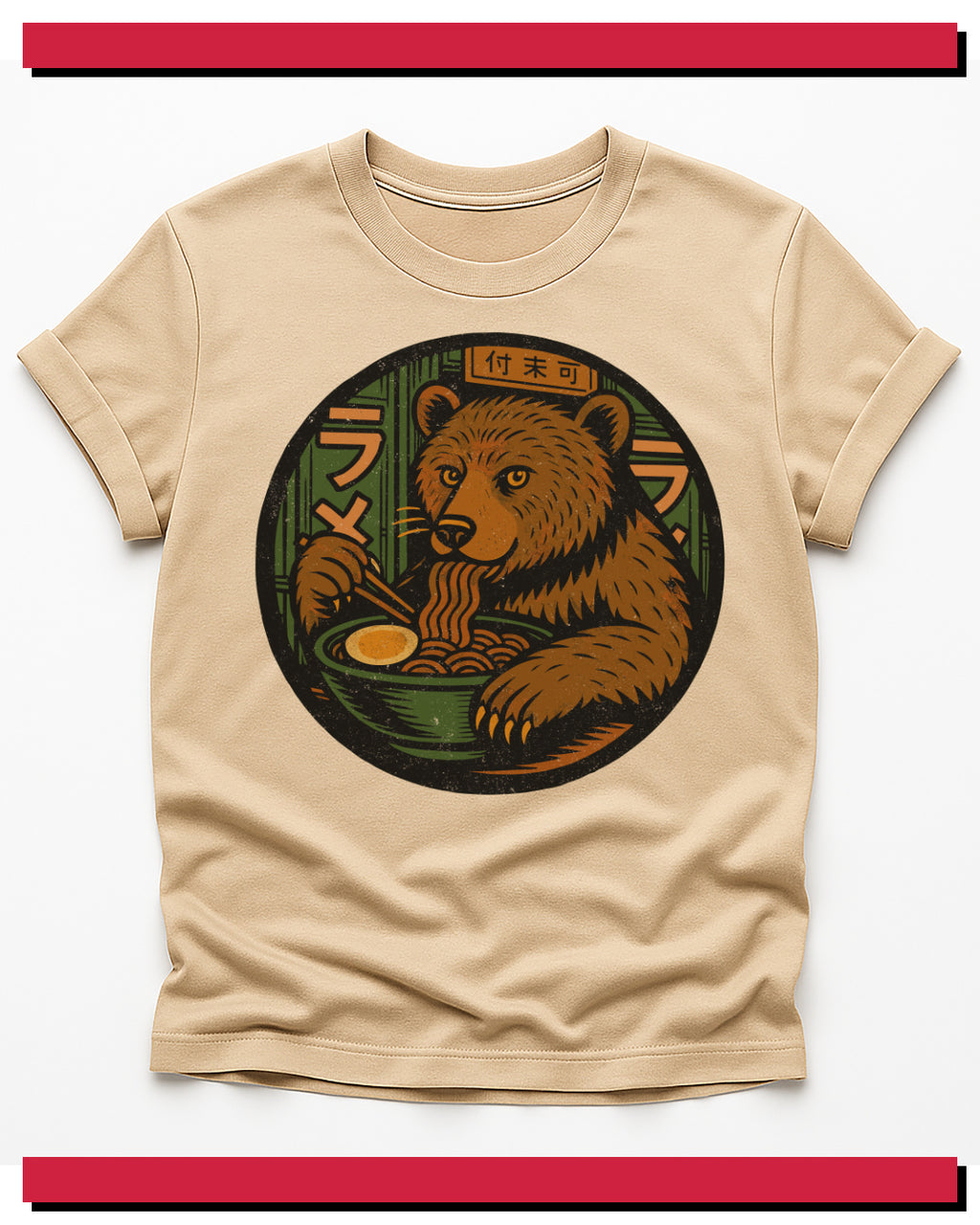 Beige t-shirt with a bear eating ramen graphic on a white background