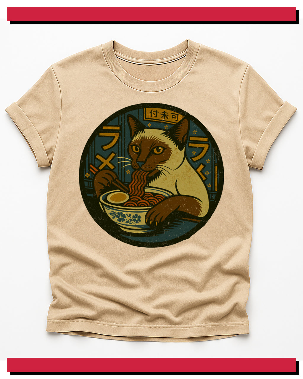 Beige t-shirt with a siamese cat eating ramen graphic on a white background