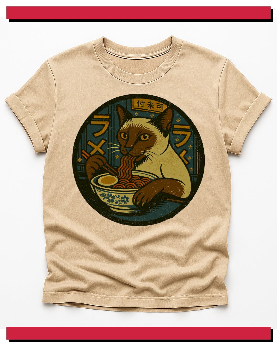 Beige t-shirt with a siamese cat eating ramen graphic on a white background