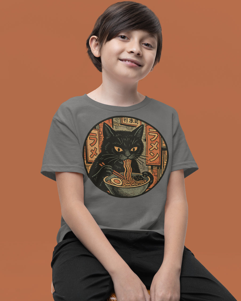 Black Cat Eating Ramen Noodles Kids T-Shirt