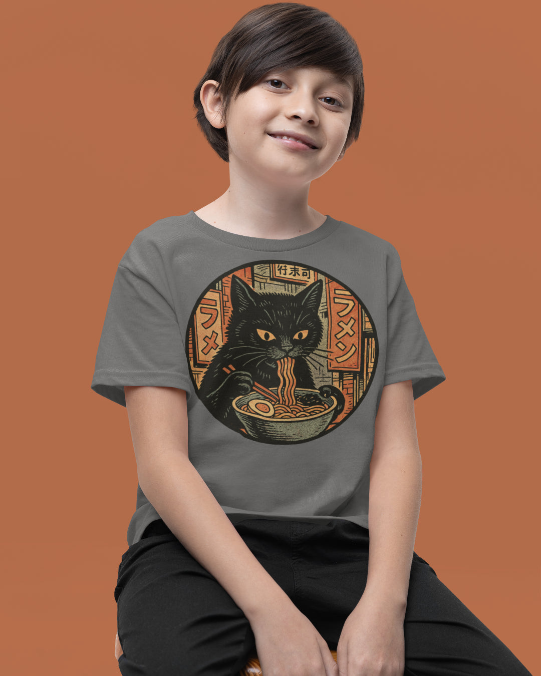Black Cat Eating Ramen Noodles Kids T-Shirt