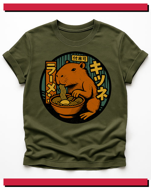 Green t-shirt with a graphic of a capybara eating ramen and Japanese text on a white background.