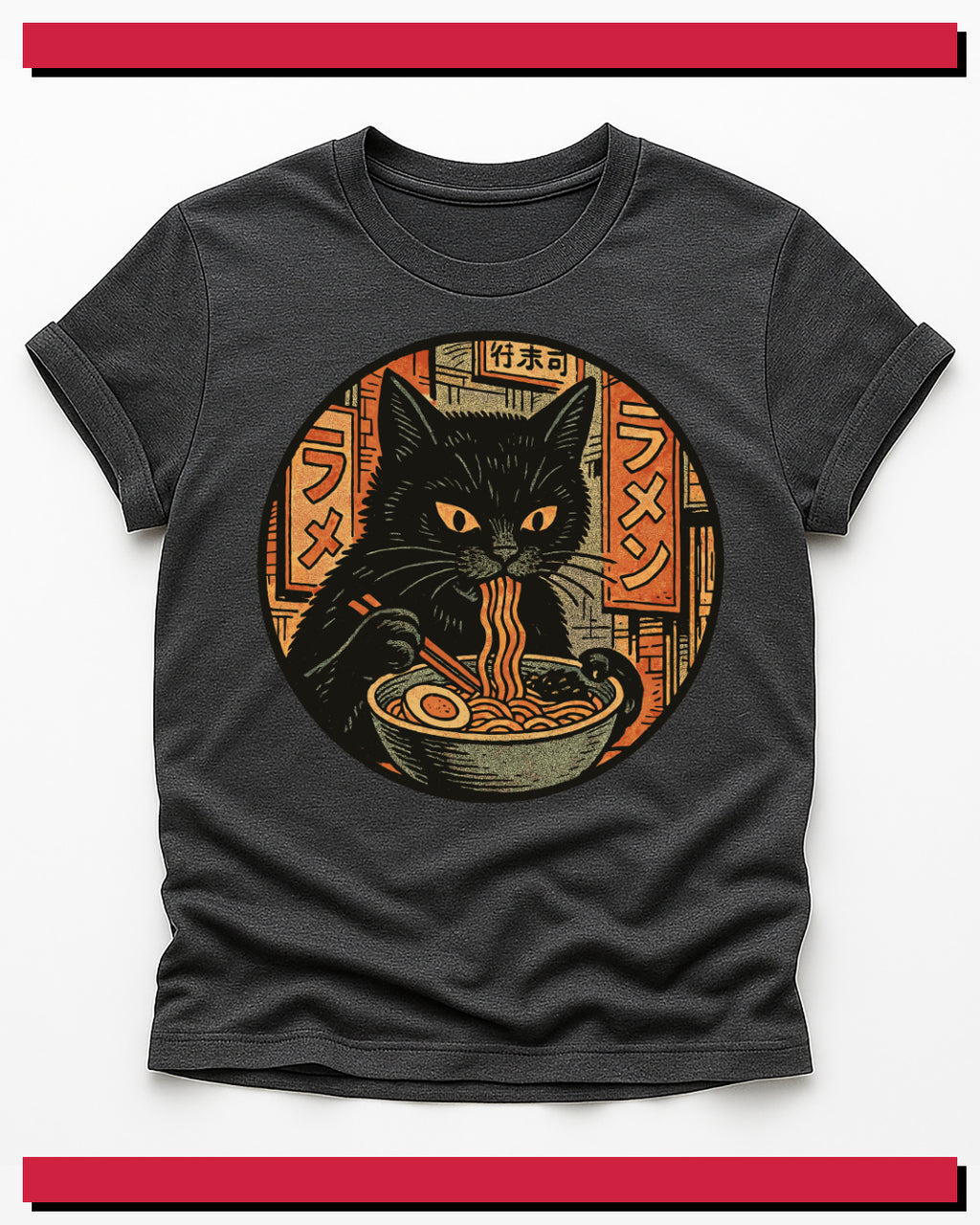 Black t-shirt with a graphic of a black cat eating ramen noodles on a white background