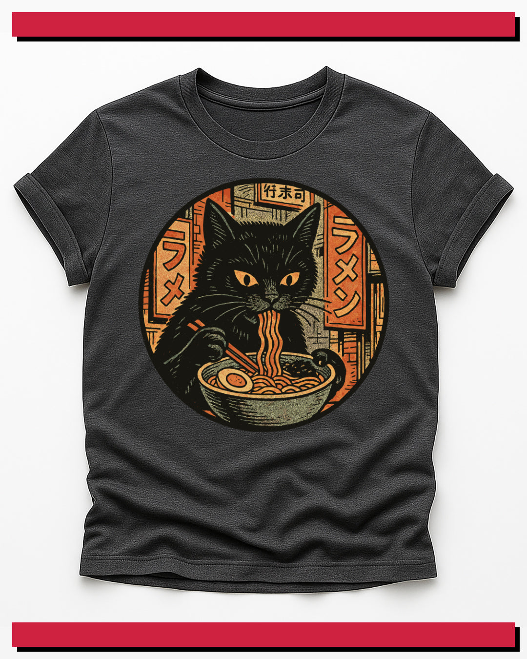 Black t-shirt with a graphic of a black cat eating ramen noodles on a white background
