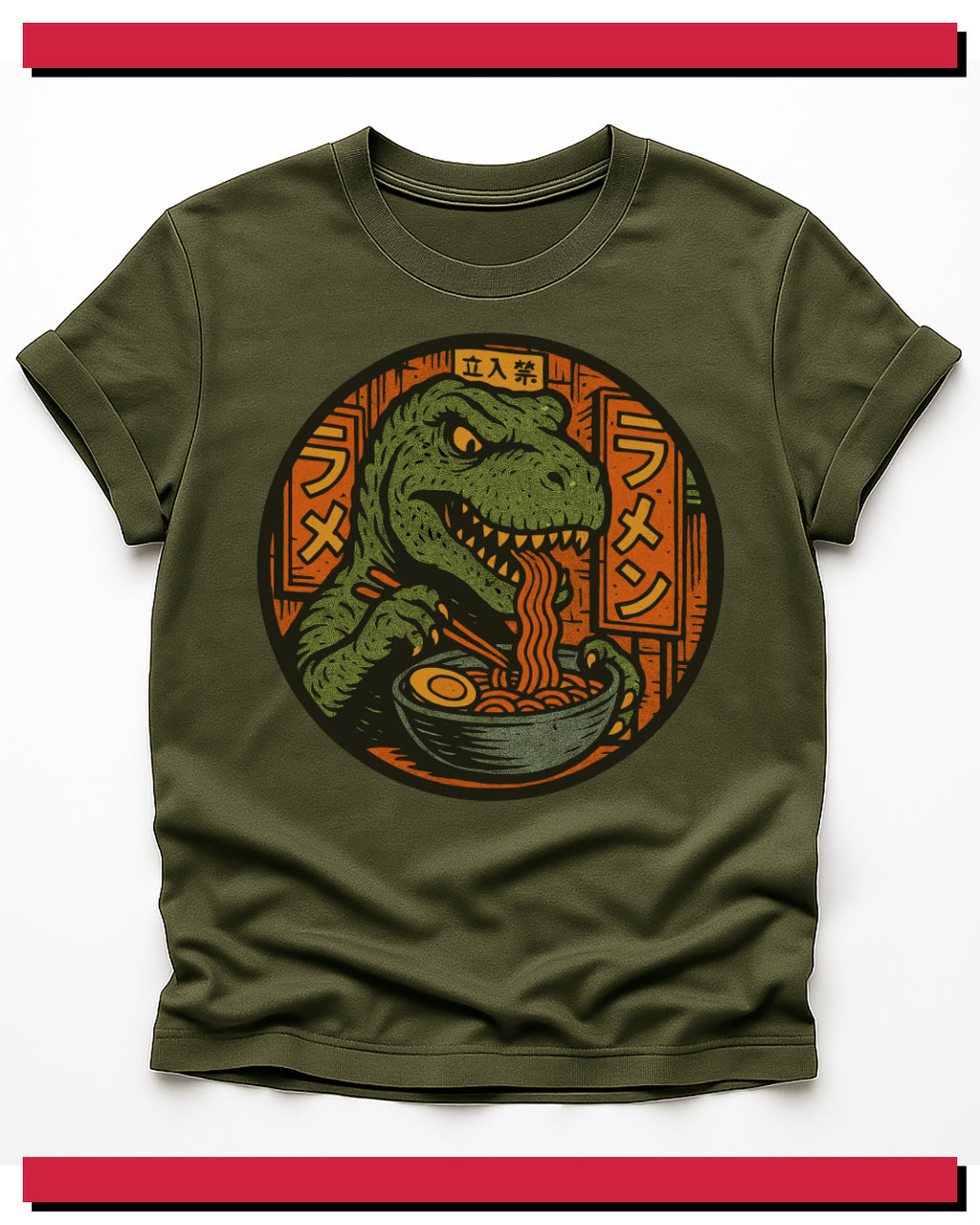 Green t-shirt with a graphic of a dinosaur eating ramen noodles on a white background