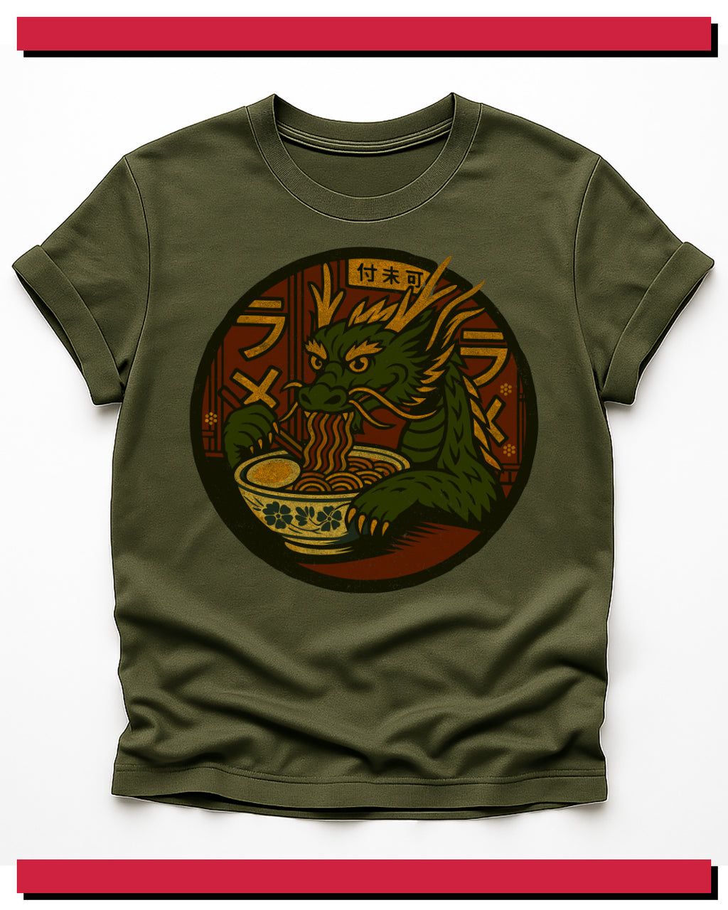 Green t-shirt with a dragon and bowl design on a white background