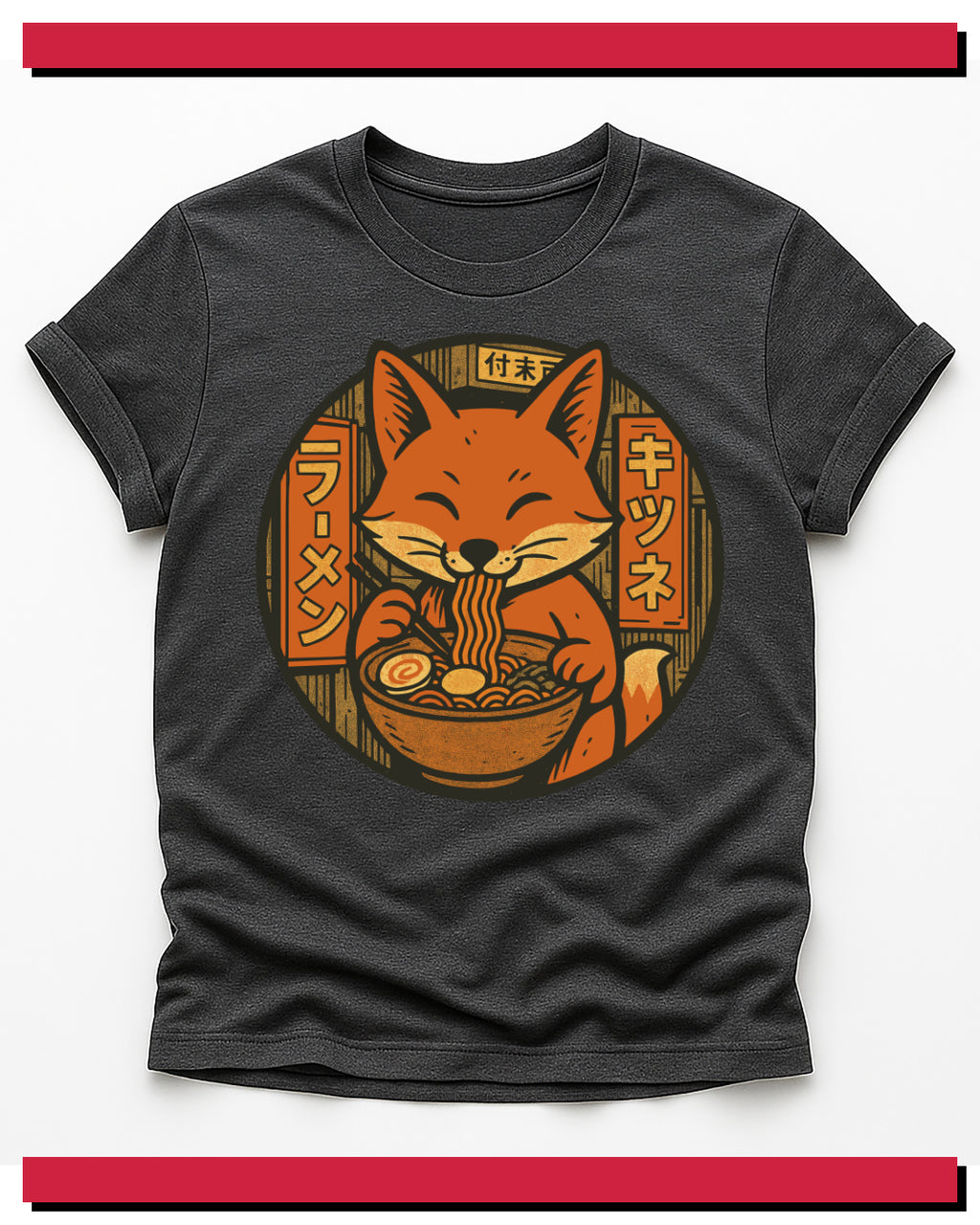 Black t-shirt with a fox eating ramen graphic on a white background