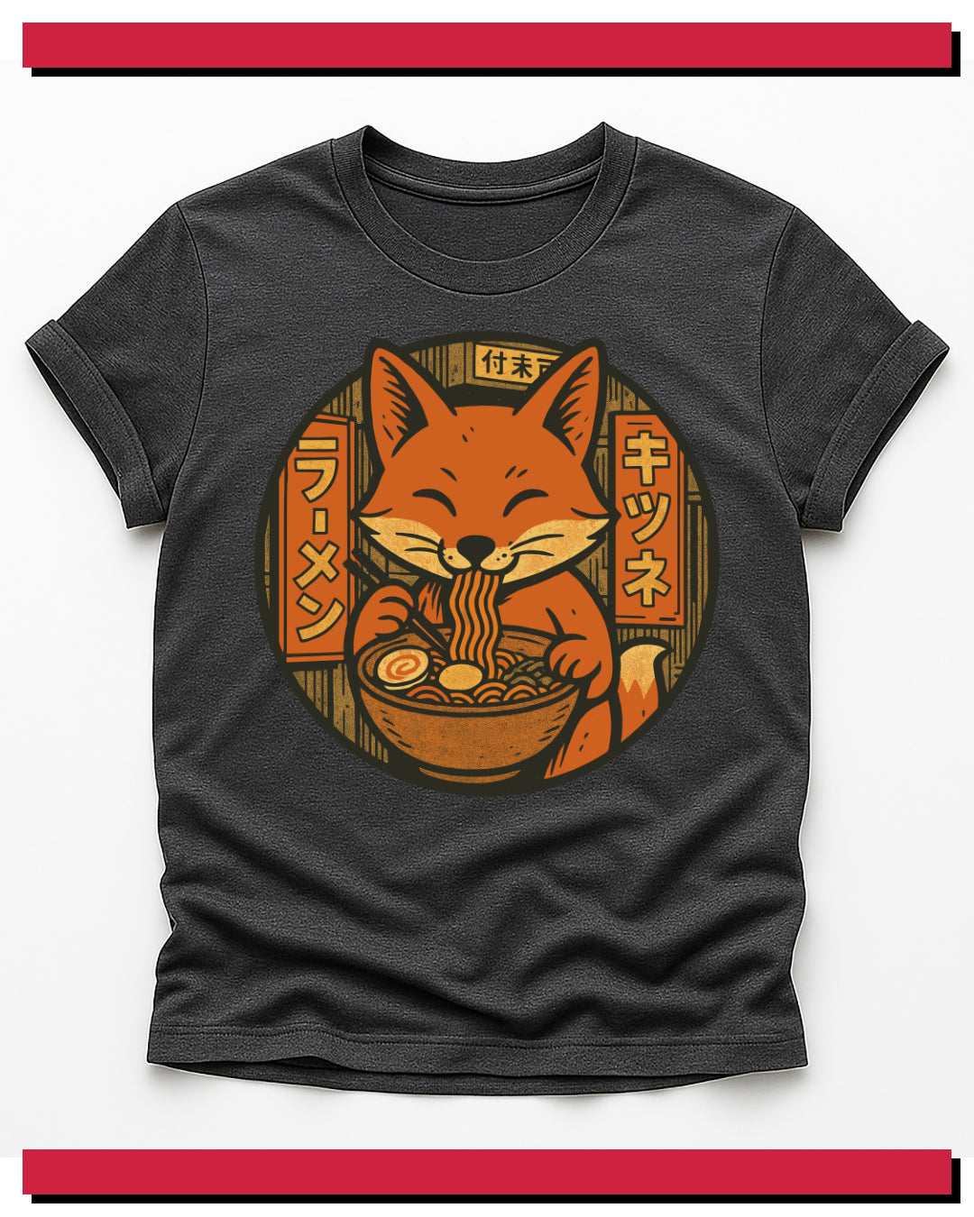 Black t-shirt with a fox eating ramen graphic on a white background
