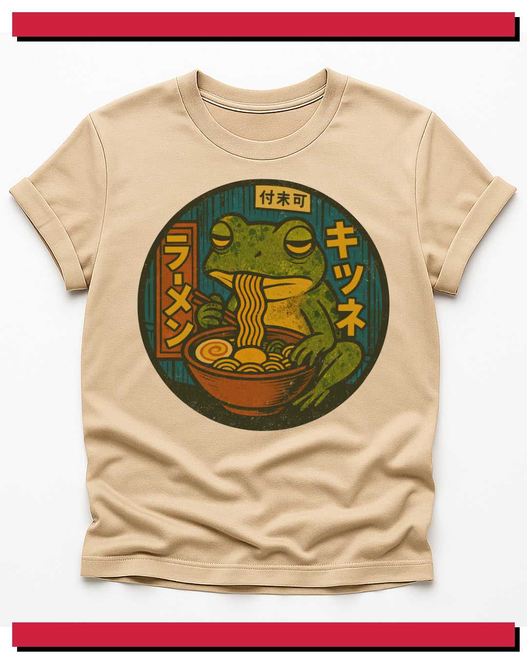 Beige t-shirt with a frog eating ramen graphic on a white background