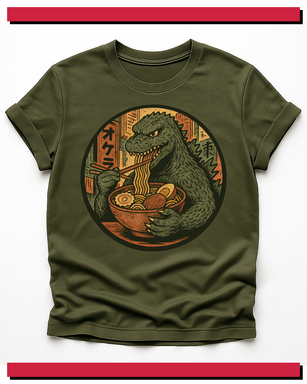 Green t-shirt with a graphic of a dinosaur eating ramen noodles on a white background