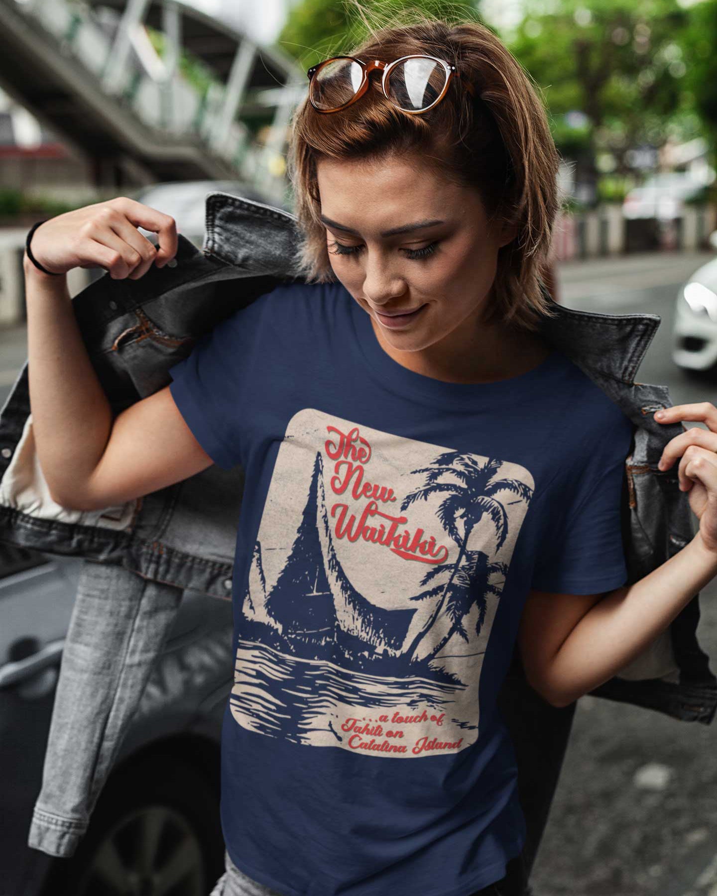 Vintage New Waikiki tiki bar design inspired by 1950s Catalina Island napkin art, blending Hawaiian style, mid-century travel illustration, and tropical tiki culture.