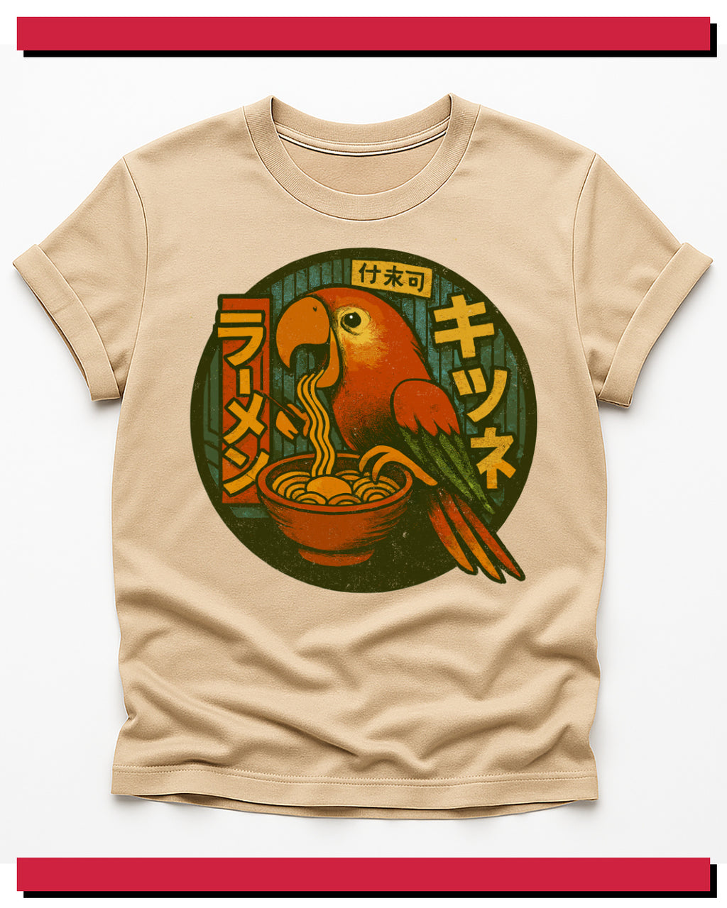 Beige t-shirt with a graphic of a parrot and ramen bowl on a white background