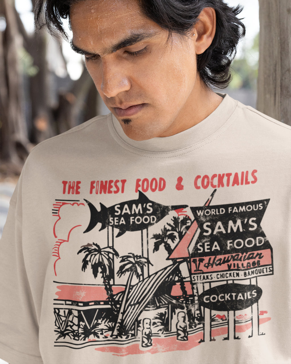 Vintage Sam’s Seafood tiki bar design inspired by authentic 1950s matchbook advertising art, capturing the spirit of Polynesian pop, cocktail lounges, and mid-century Hawaiian style.