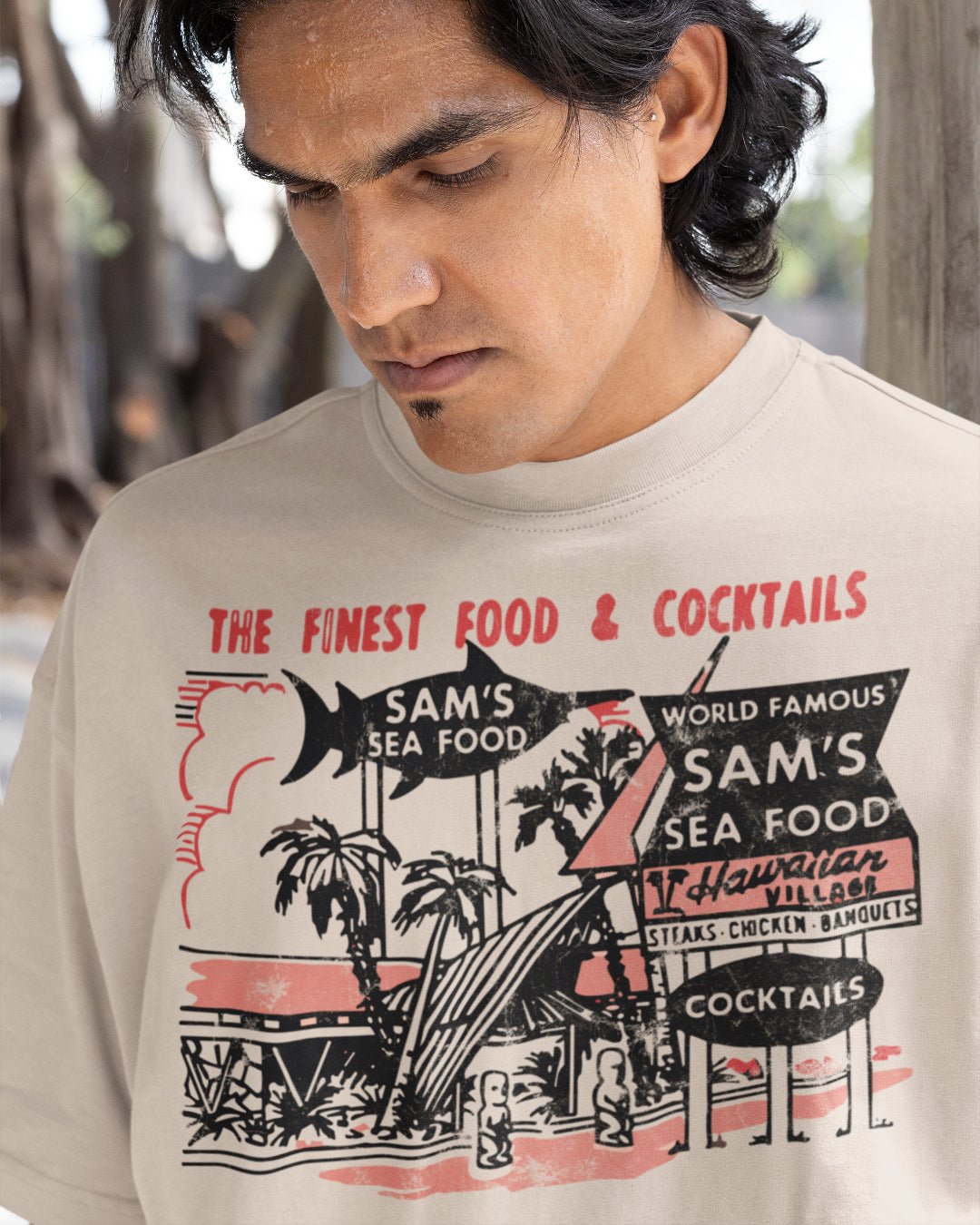 Vintage Sam’s Seafood tiki bar design inspired by authentic 1950s matchbook advertising art, capturing the spirit of Polynesian pop, cocktail lounges, and mid-century Hawaiian style.