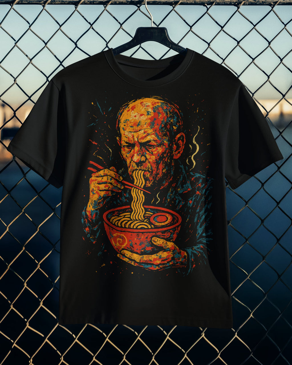 Black t-shirt with a graphic of a man eating noodles, hanging against a chain-link fence.
