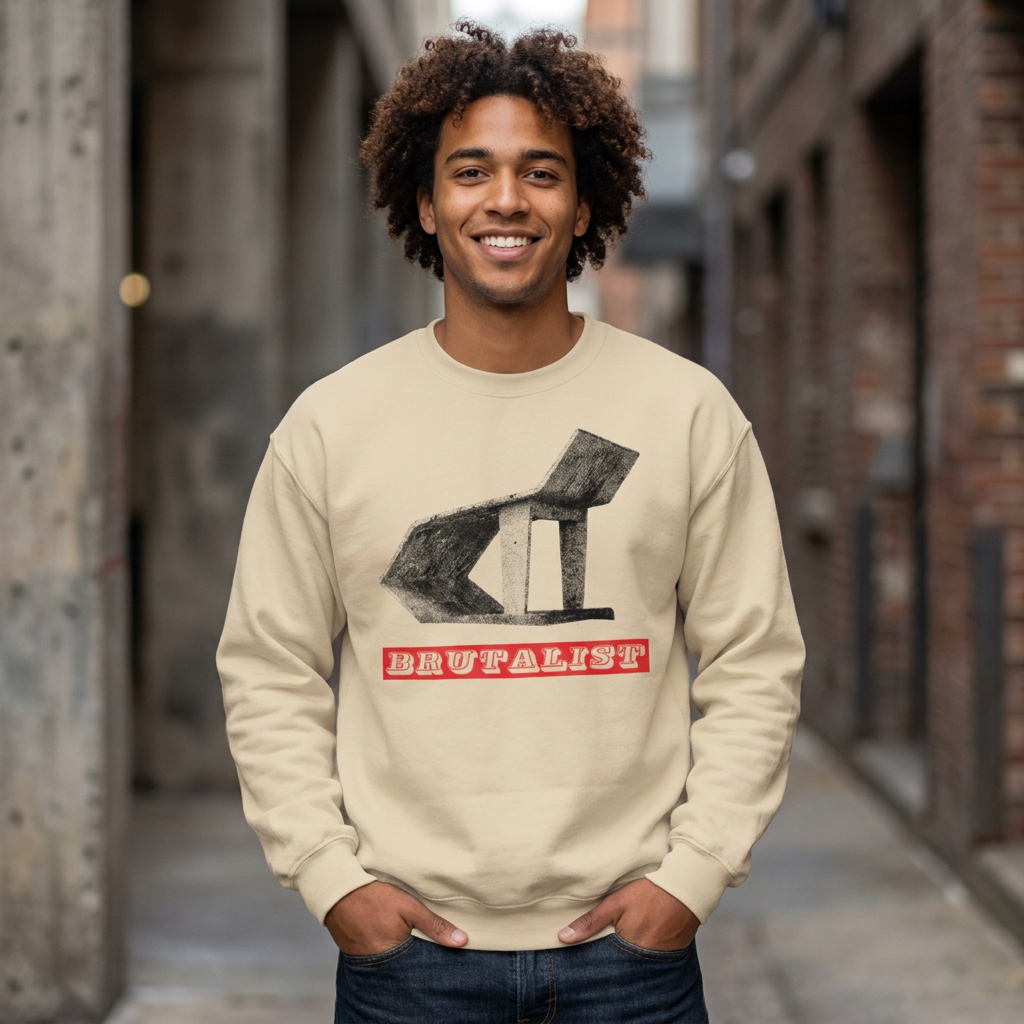 A smiling man with curly hair stands in an urban alley wearing a beige crewneck sweatshirt with a black graphic of a Soviet Bus Stop | Brutalist Architecture Art and the word 'Brutalist in white text on a red block. 
