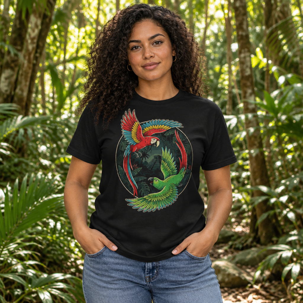 woman in the jungle wearing a t-shirt featuring a macaw and a parrot