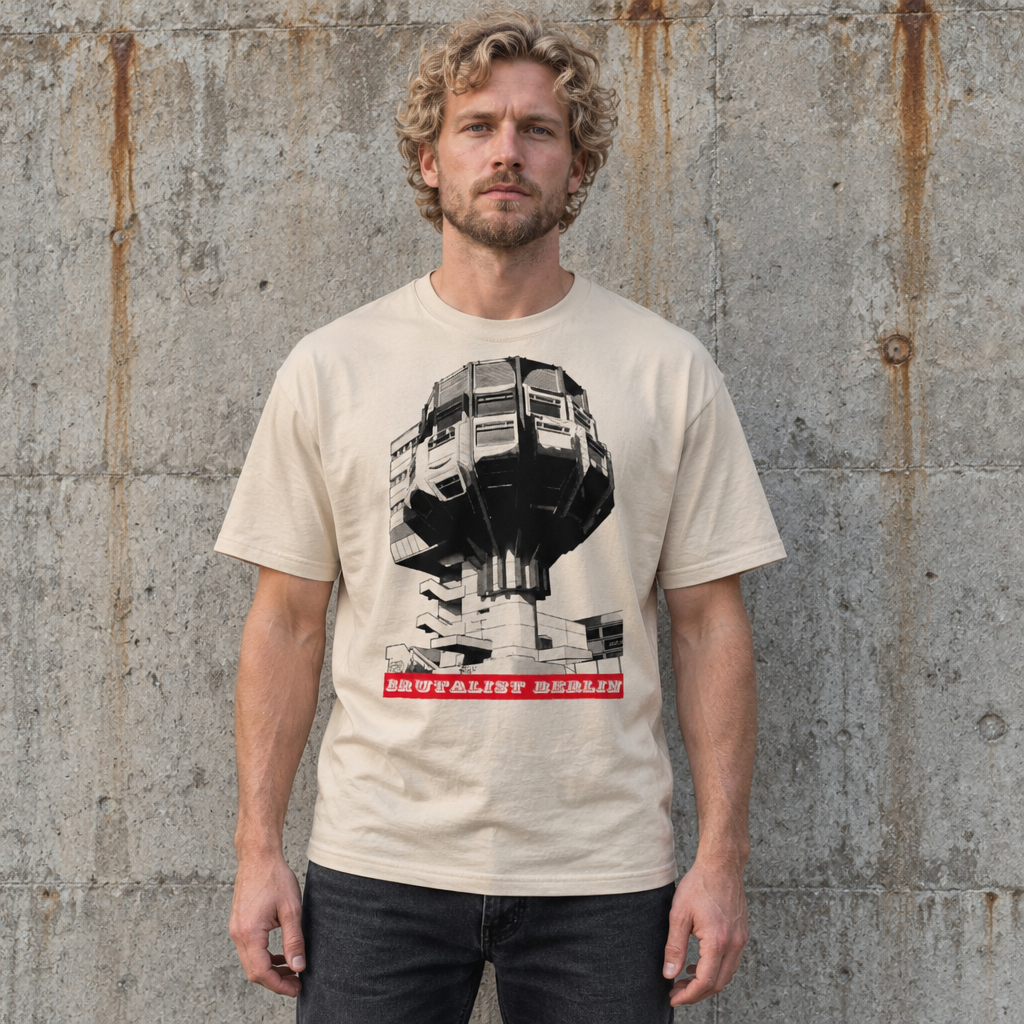 Man wearing a graphic t-shirt featuring a brutalist building