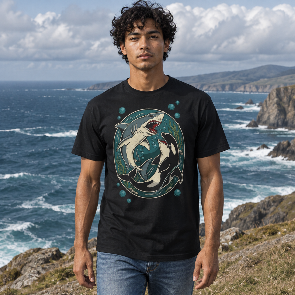 man above the sea wearing a black braphic tee with and image of a shark and an orca