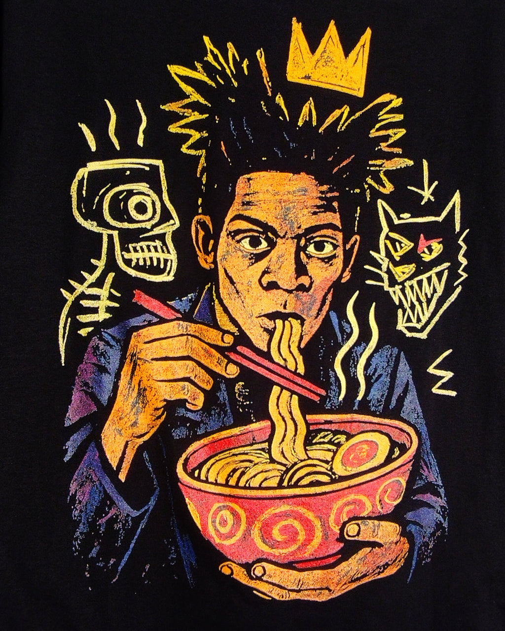 Illustration of a person eating ramen with stylized characters and a crown above their head on a black background.