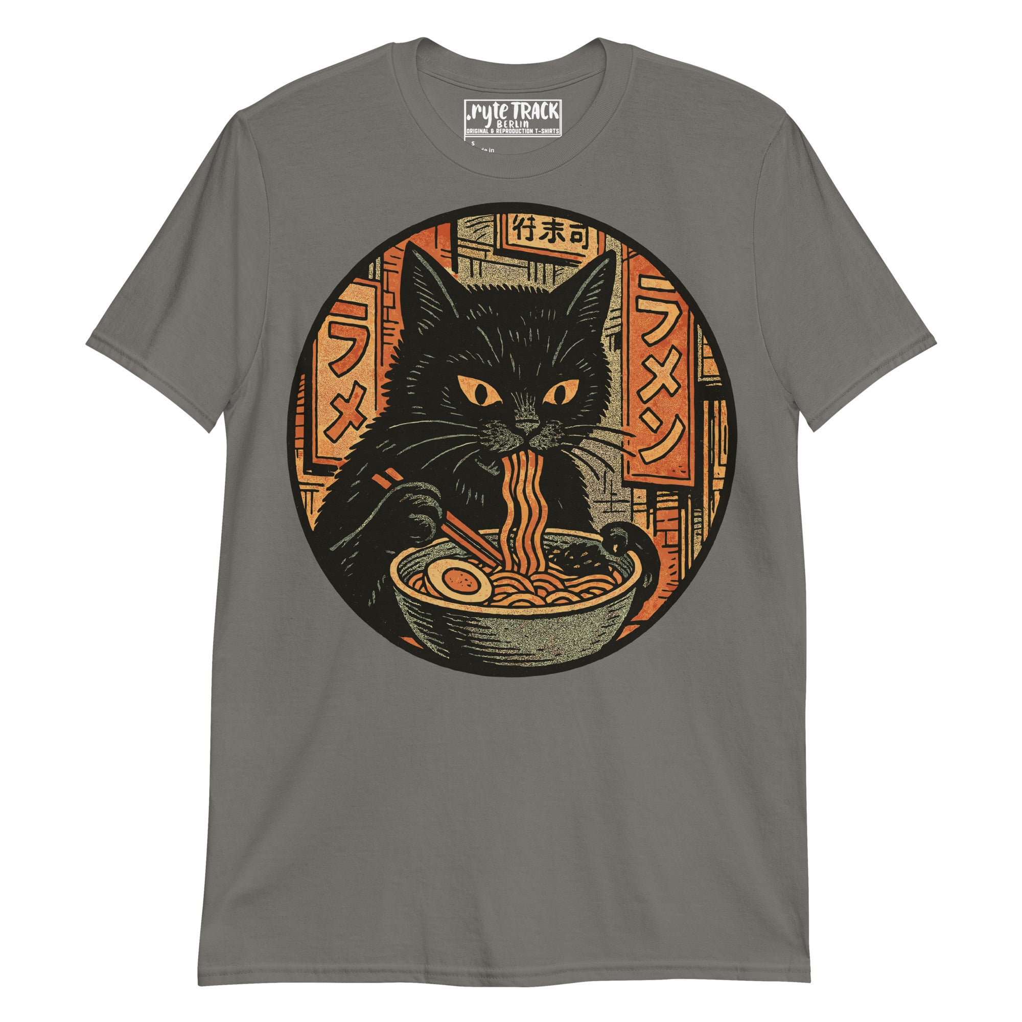 Gray t-shirt with a black cat eating ramen graphic on a white background