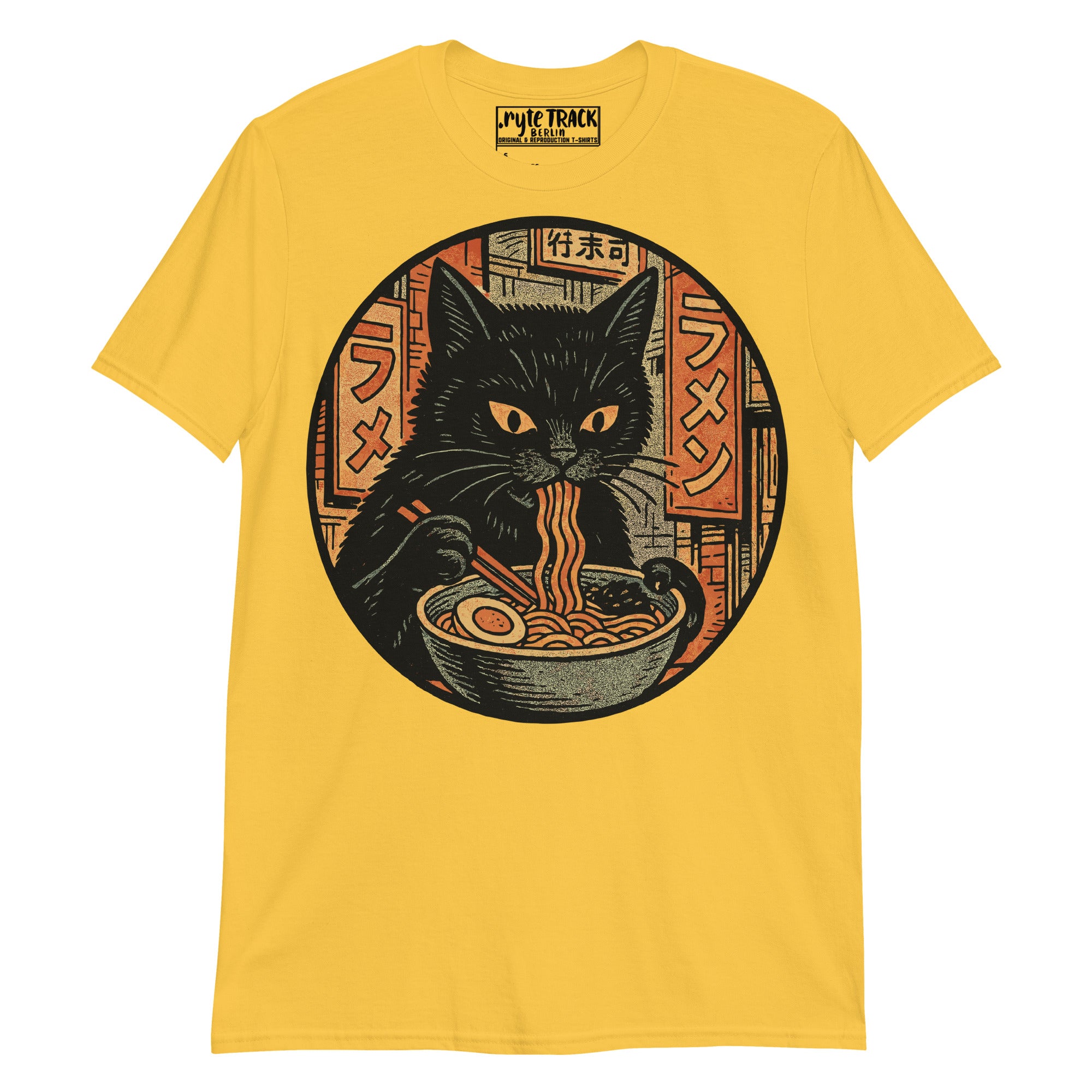 Yellow t-shirt with a black cat eating ramen graphic on a white background