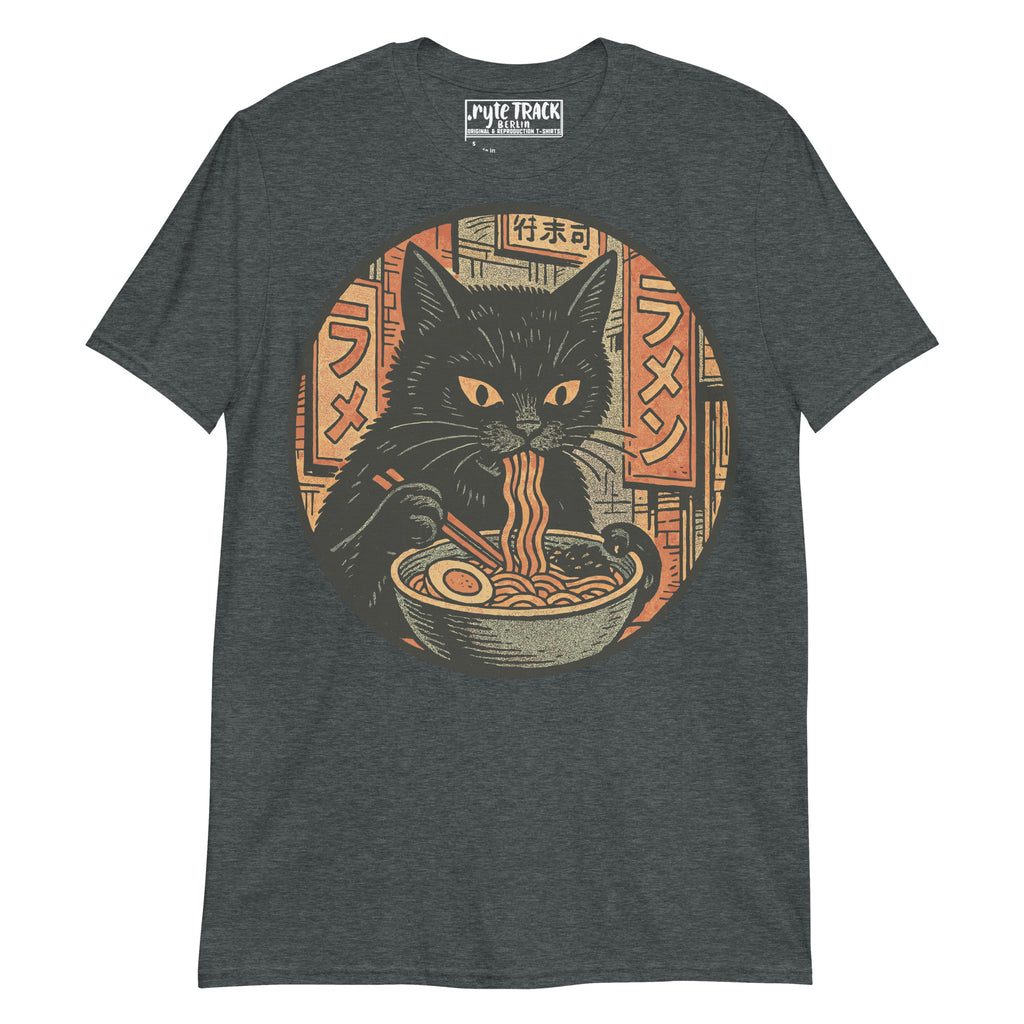 Gray t-shirt with a graphic of a cat eating ramen noodles on a white background