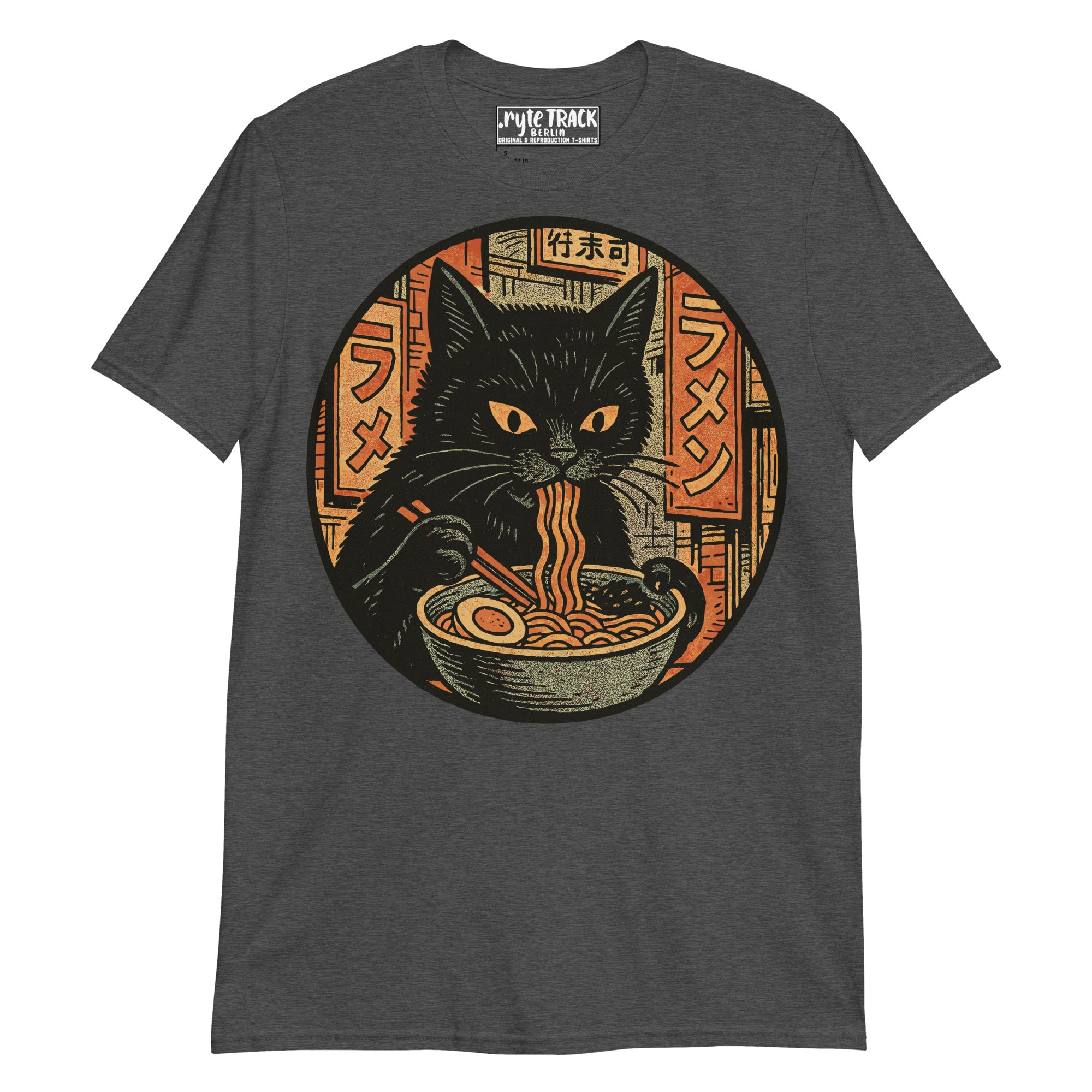 Gray t-shirt with a black cat eating ramen graphic on a white background