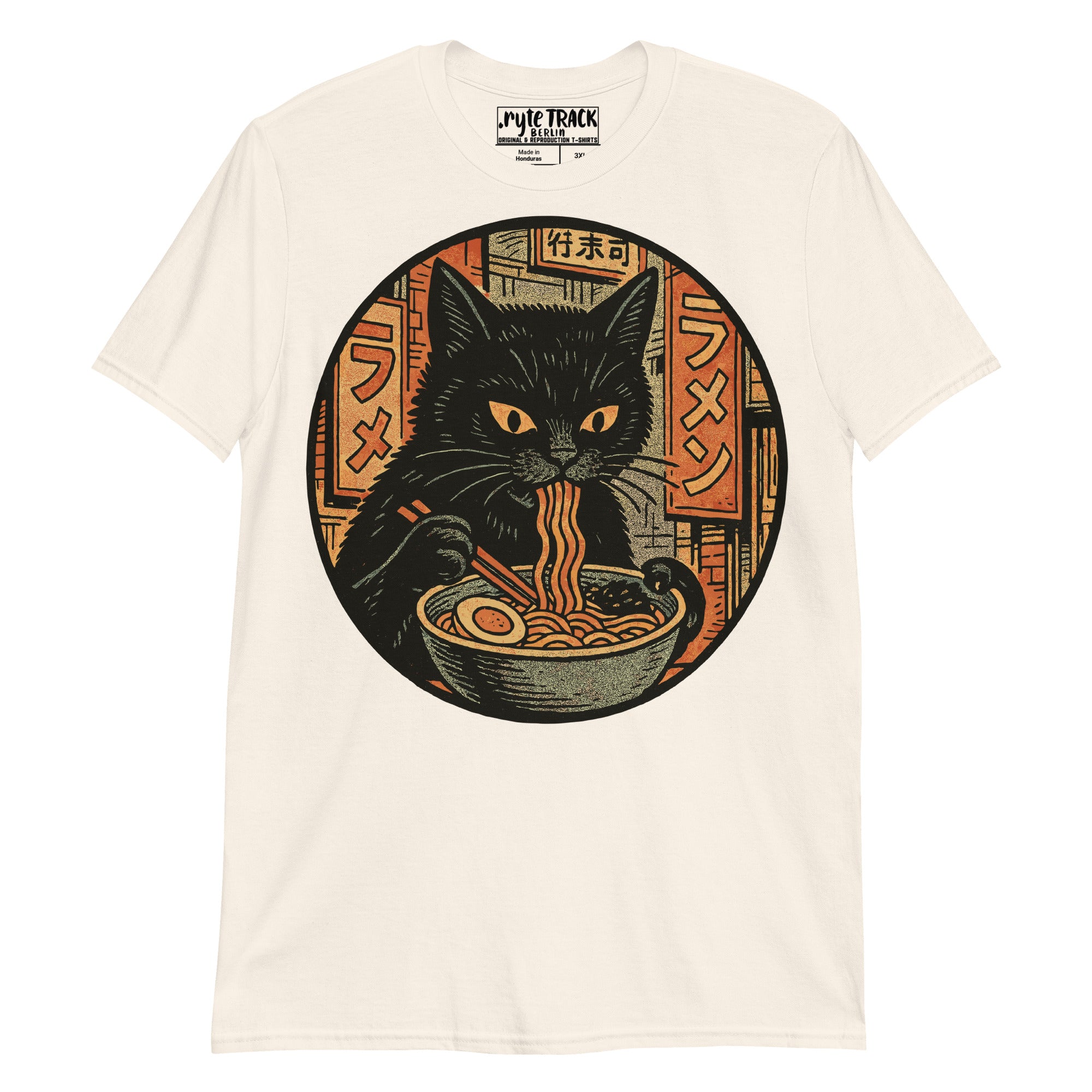 T-shirt with a black cat eating ramen graphic on a white background