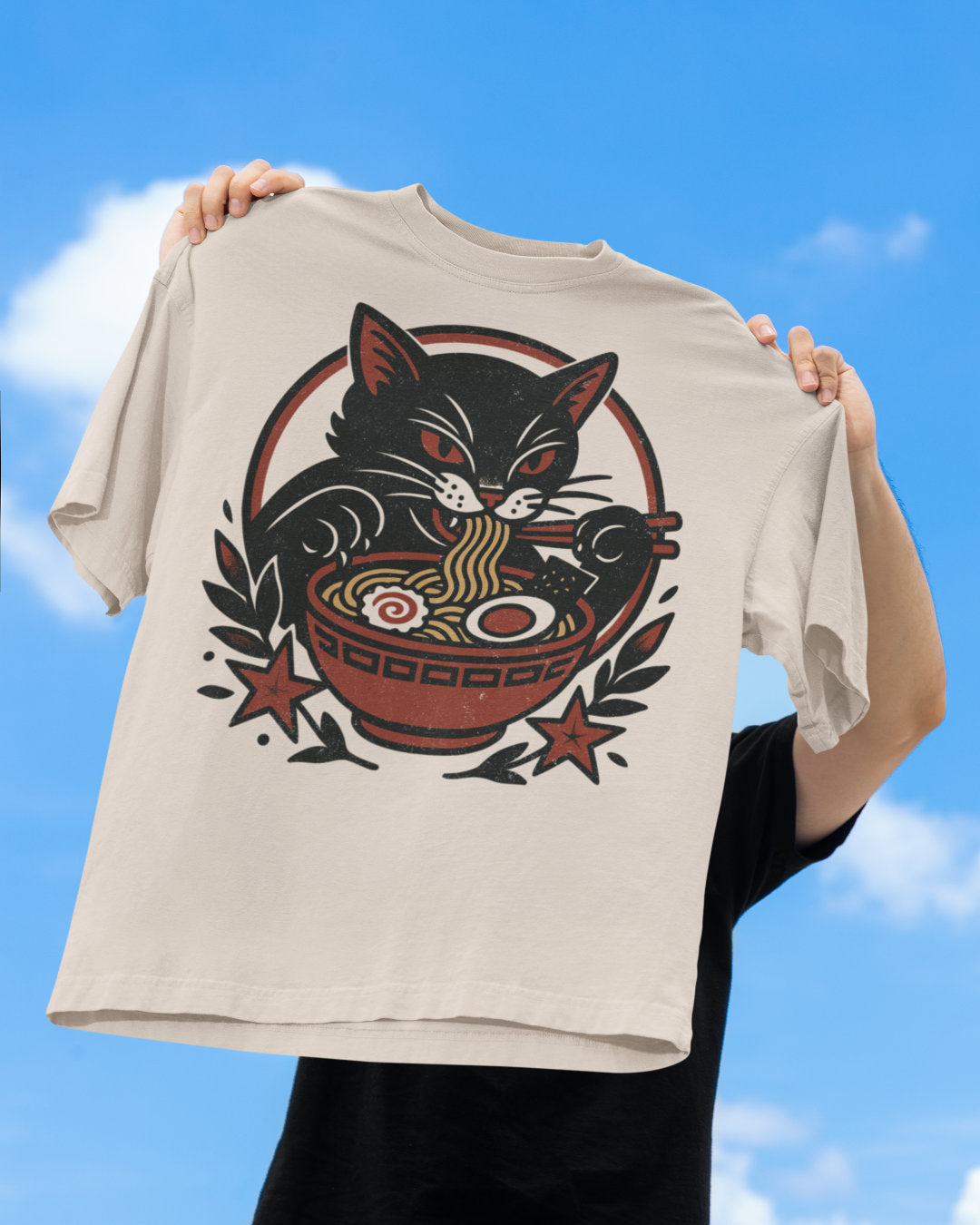 Black Cat Noodles Tattoo Style Vintage Artwork | Unisex T-Shirt