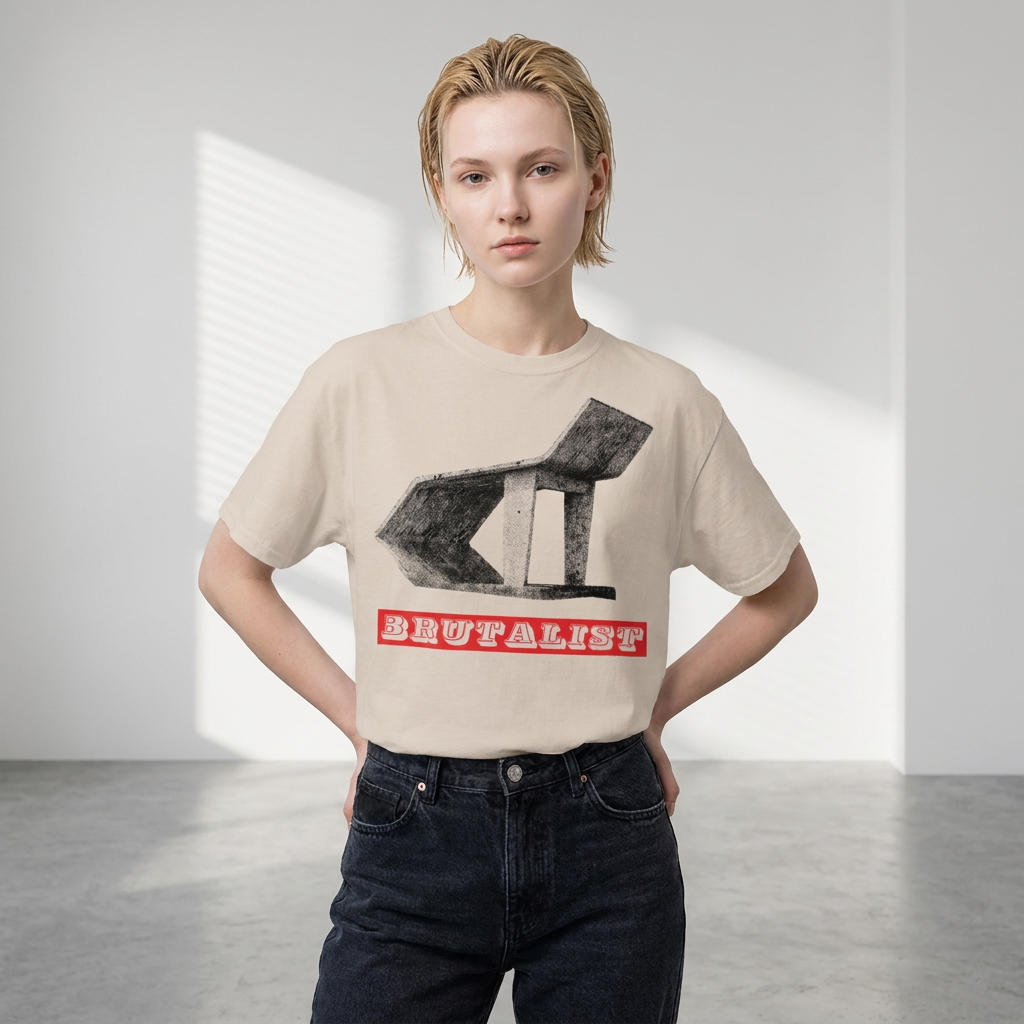 A model wearing a beige graphic t-shirt with a black abstract design and the word 'BRUTALIST' in red, paired with dark blue jeans, standing in a minimalist studio setting.