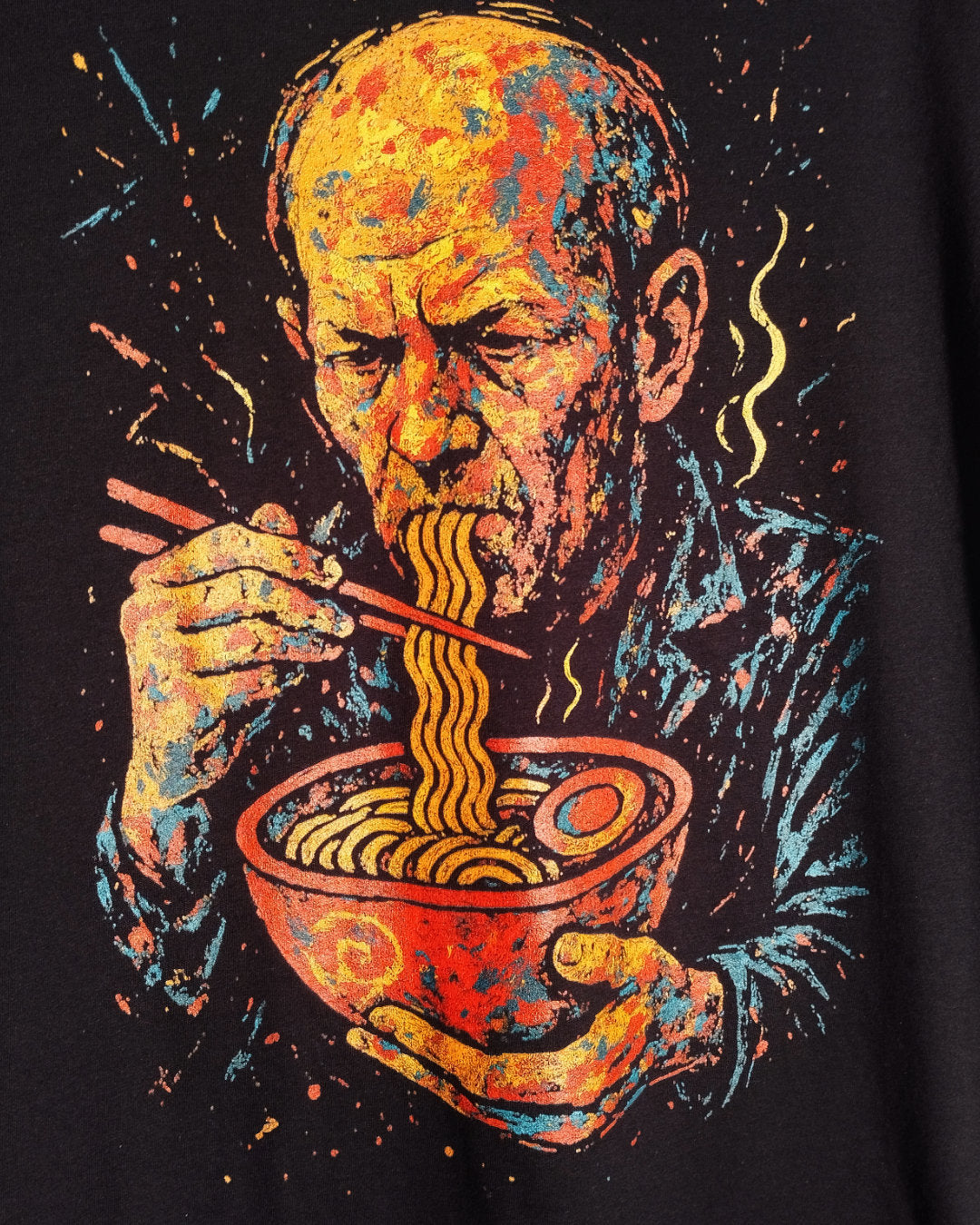 Colorful graphic of a man eating noodles on a black background