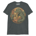 Gray t-shirt with a graphic of a dinosaur eating ramen noodles on a white background