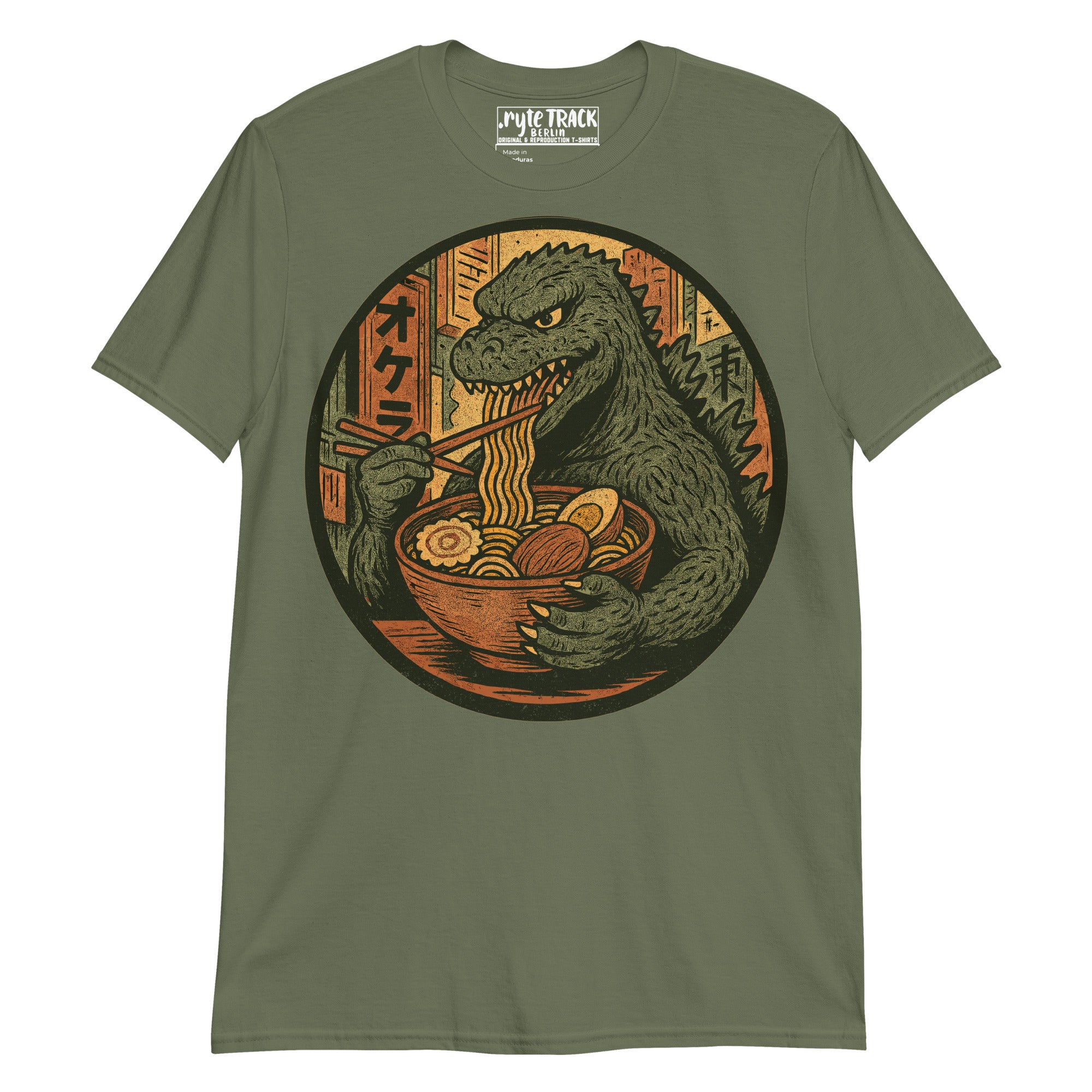 Green t-shirt with a graphic of a dinosaur eating ramen noodles on a white background