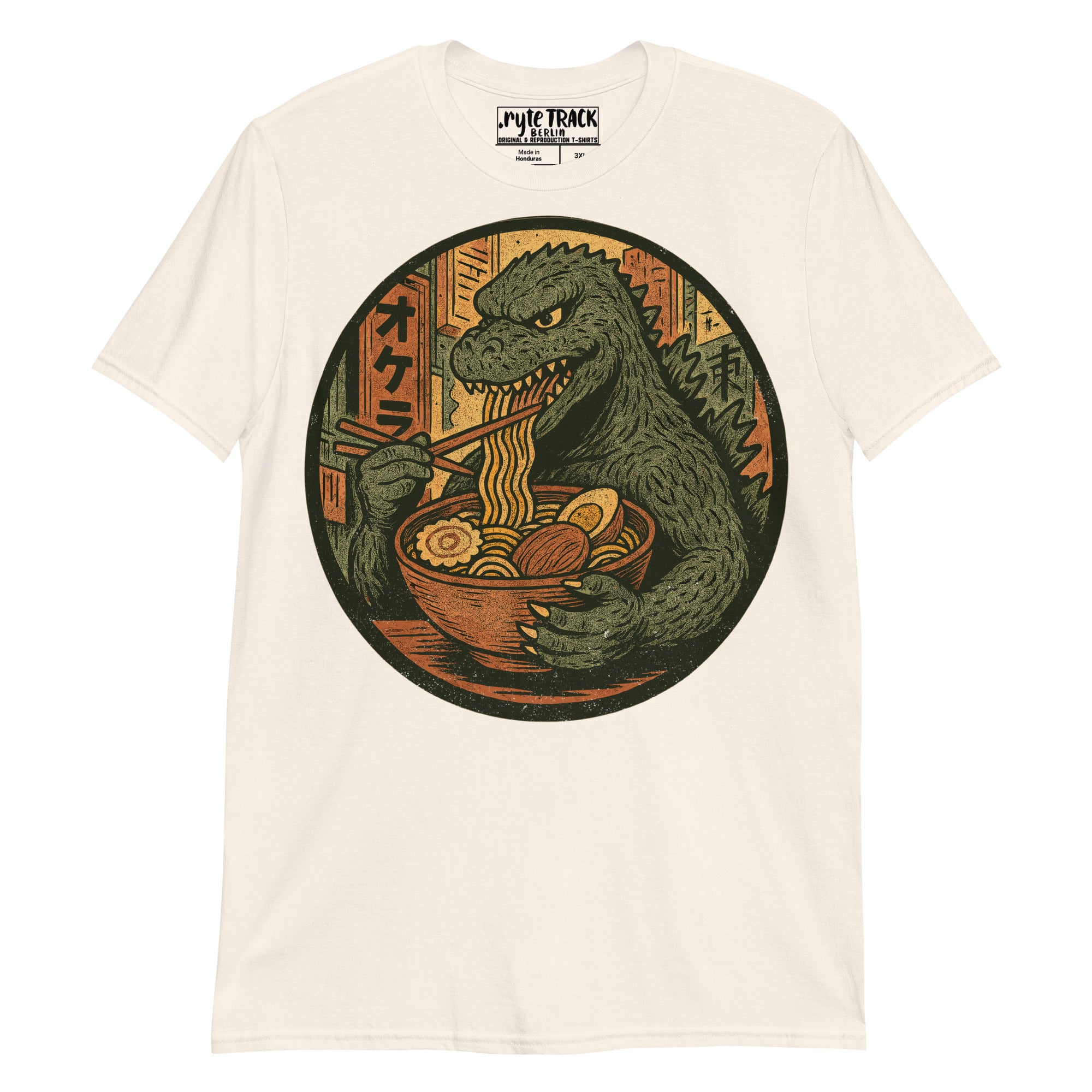 T-shirt with a graphic of a dinosaur eating ramen noodles on a white background