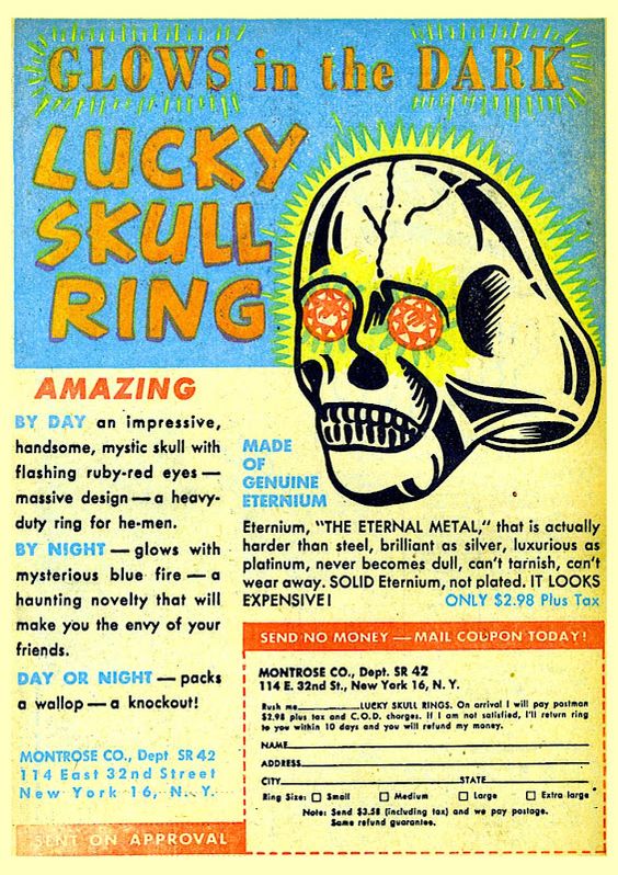 Vintage advertisement for a 'Lucky Skull Ring' that glows in the dark, featuring a skull design and promotional text.