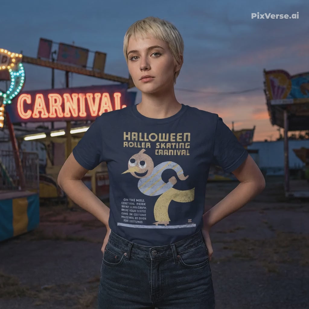 Video of a woman wearing a navy t-shirt with a Halloween Roller Skating image