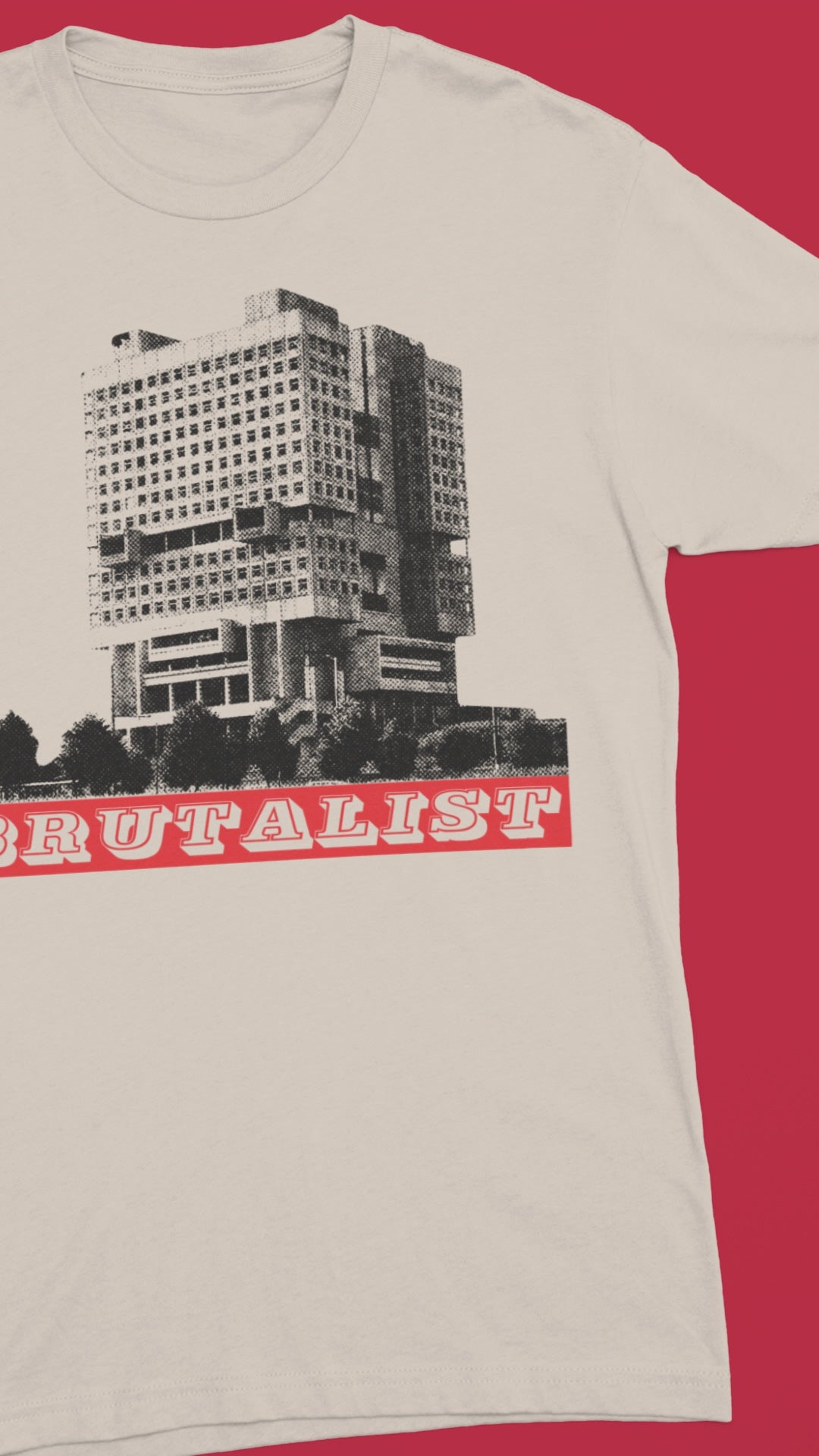 T-shirt with a graphic of a building and the word 'BRUTALIST' on a white background