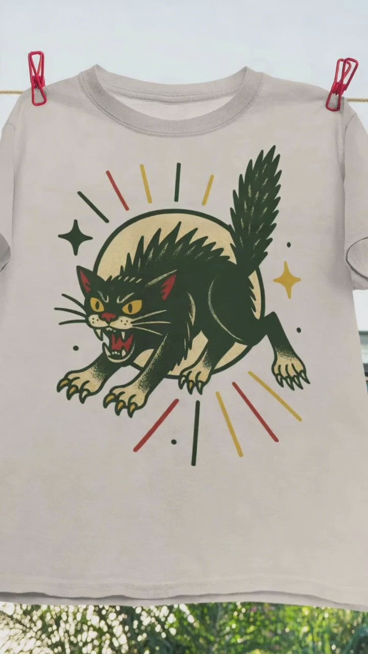 angry cat tattoo t-shirt design jumps out of frame