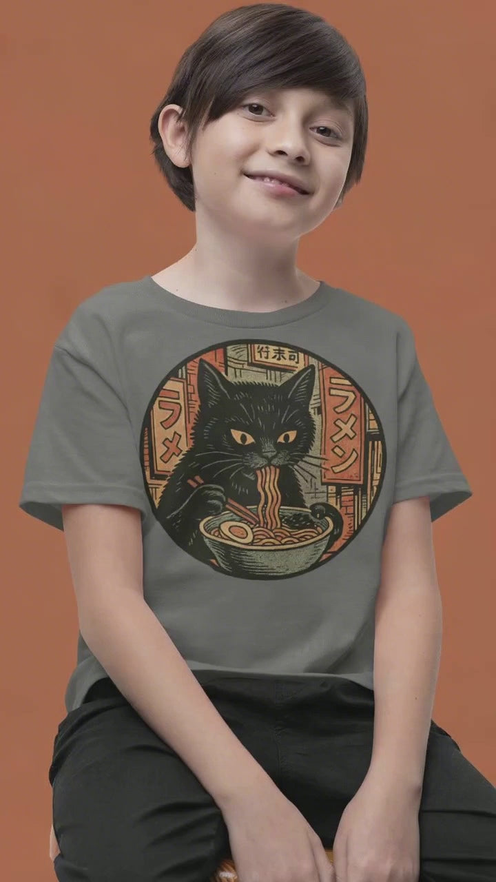 Black Cat Eating Noodles, Kawaii Black Cat, Japanese Art Kids T-Shirt